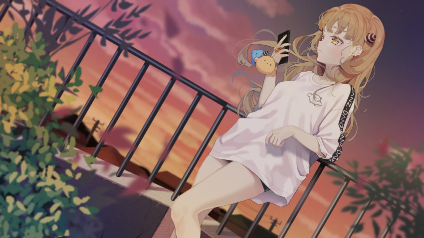 agnamore blonde_hair clouds leaves long_hair original phone shorts sky sunset waifu2x yellow_eyes