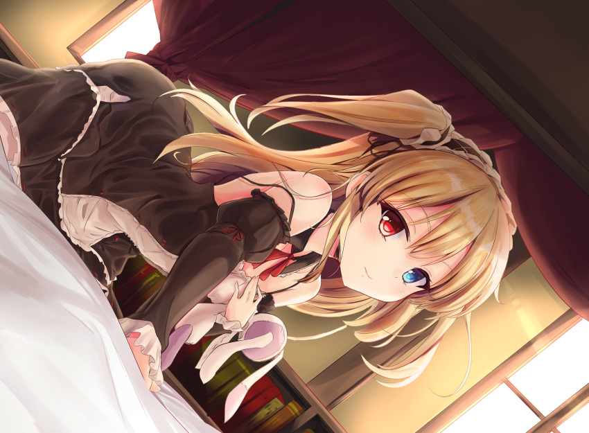 bed bicolored_eyes blonde_hair blush boku_wa_tomodachi_ga_sukunai book bunny dress goth-loli hasegawa_kobato headband lolita_fashion long_hair yggdra0714