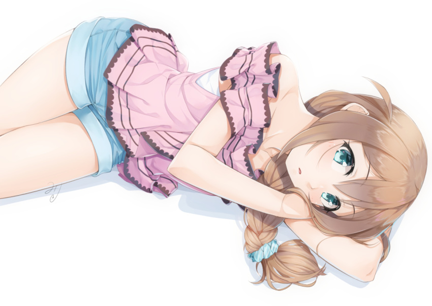 aqua_eyes baba_konomi braids brown_hair idolmaster idolmaster_million_live! long_hair miri_(ago550421) ponytail shorts signed white