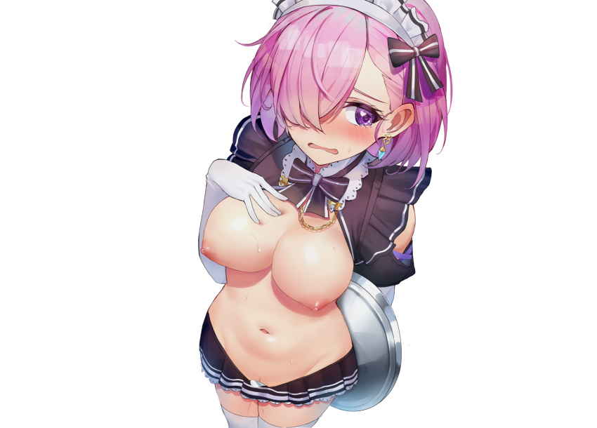 blush breasts elbow_gloves fate/grand_order fate_(series) gloves headband luobo_(nsnr8754) maid mash_kyrielight navel nipples photoshop pink_hair purple_eyes pussy skirt white