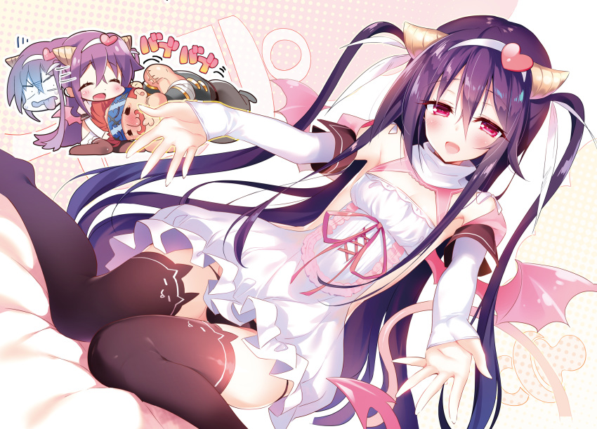 blush chibi dress headband horns long_hair male panties pink_eyes purple_hair tagme_(character) tail thighhighs underwear wings youta zettai_ni_hatarakitakunai_dungeon_master_ga_damin_wo_musaboru_made