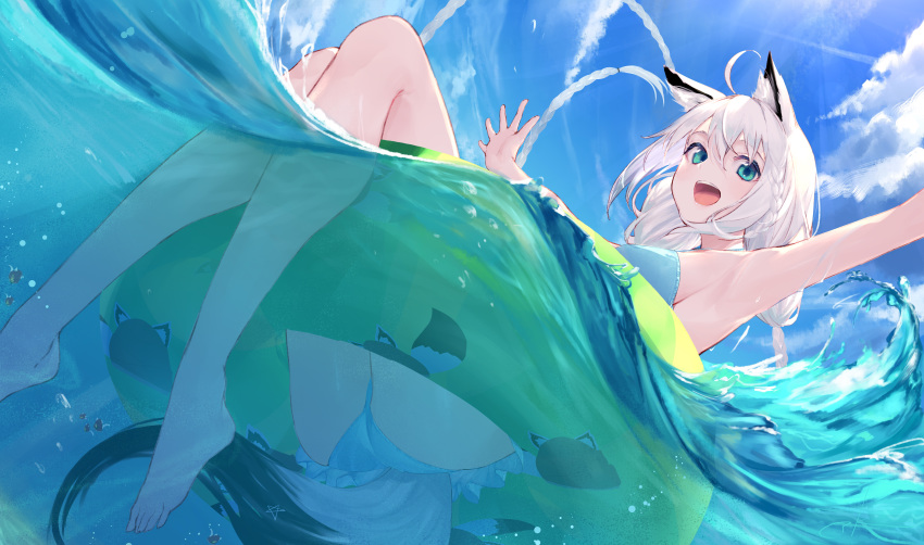 animal_ears bikini blue_eyes foxgirl hololive shirakami_fubuki swim_ring swimsuit tail takubon_(xewh4773) white_hair