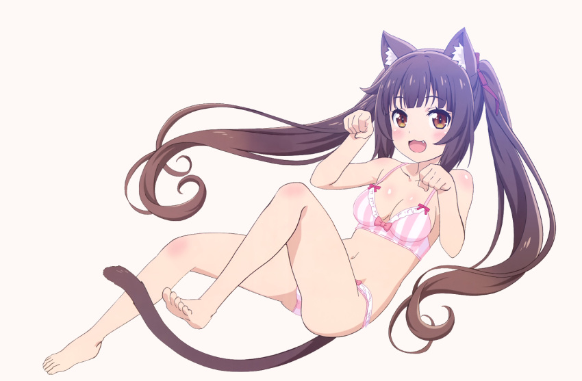 breasts brown_hair cat_smile catgirl chocola_(sayori) cleavage long_hair nekopara panties photoshop striped_panties tagme_(artist) tail twintails underwear white