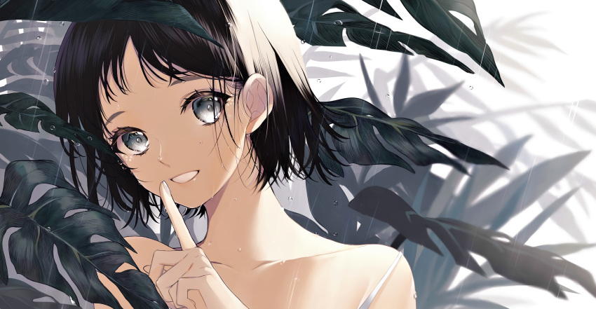 black_hair close cropped gray_eyes hokori_sakuni leaves original rain short_hair water wet