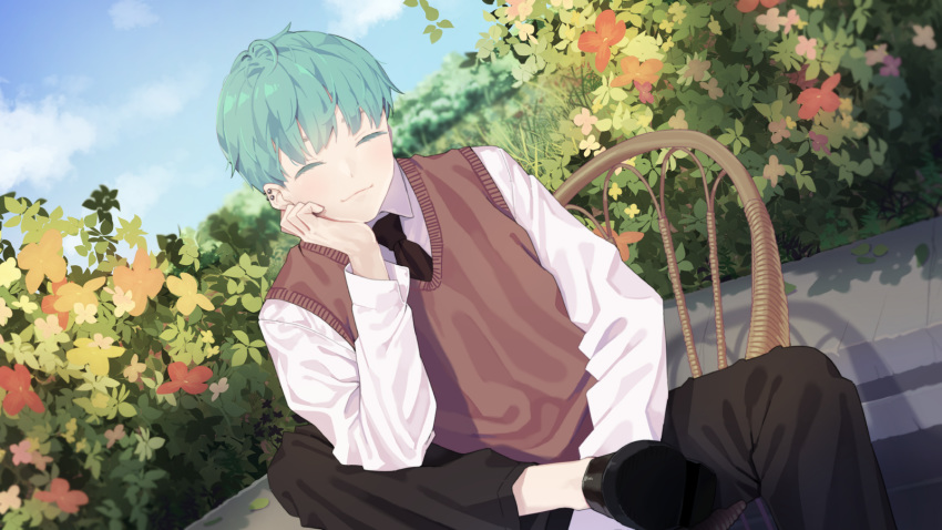 agnamore all_male clouds flowers green_hair leaves male original school_uniform short_hair sky tie waifu2x