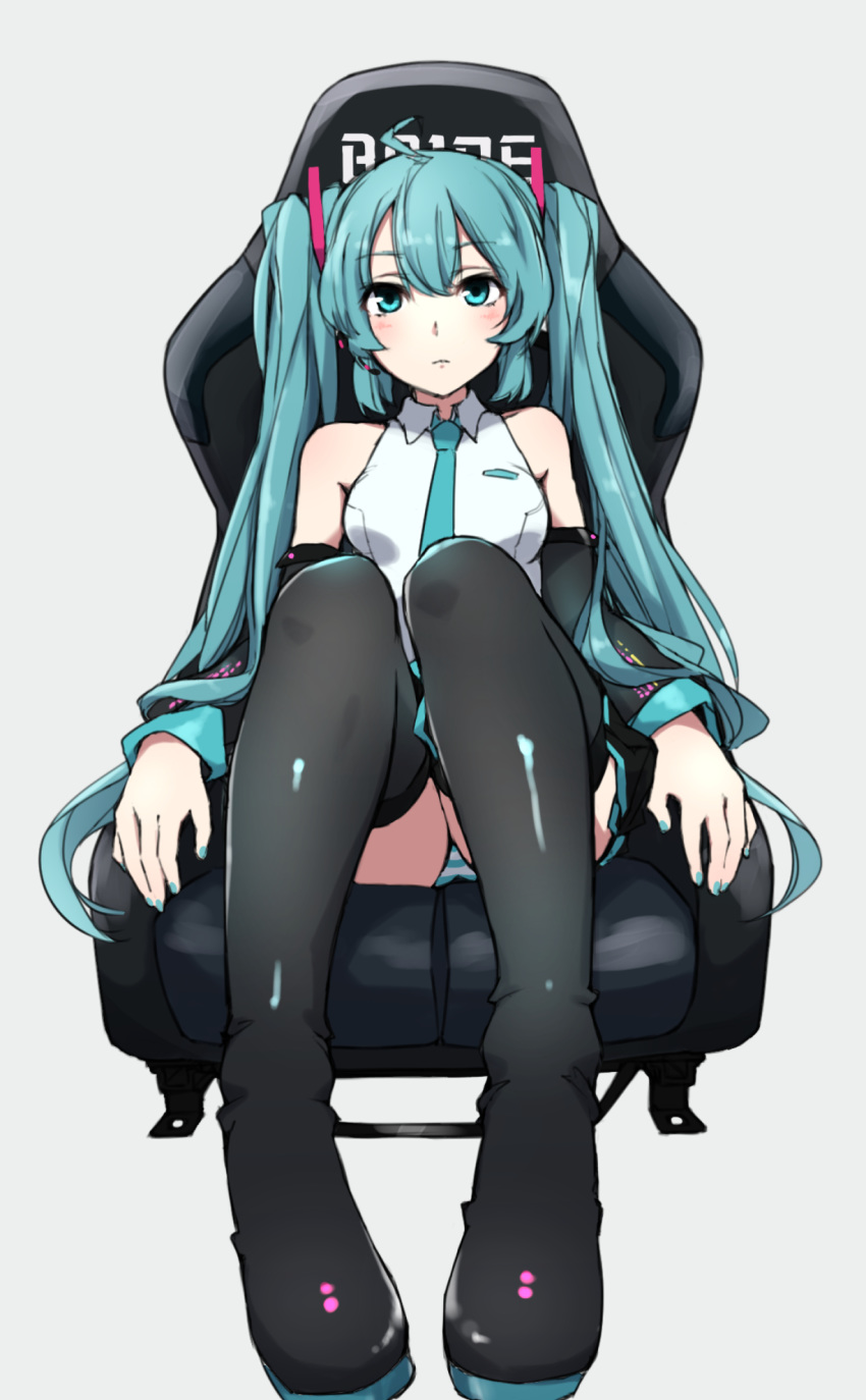 hatsune_miku headphones igo_miku pantsu shimapan skirt_lift thighhighs vocaloid