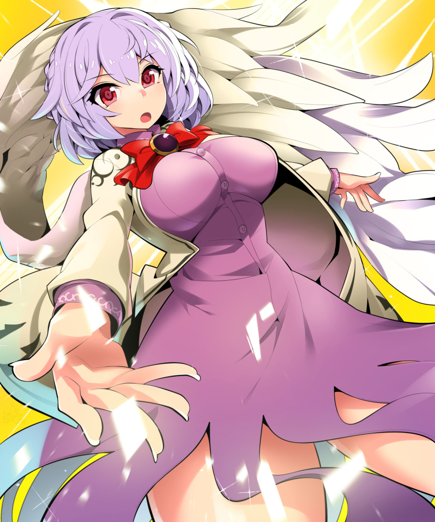 1girl amethyst_(gemstone) angel_wings bangs beige_jacket blush bow bowtie braid breasts buttons collared_dress commentary_request dress eyebrows_visible_through_hair eyelashes feathered_wings fingernails french_braid half_updo highres kishin_sagume large_breasts long_sleeves looking_to_the_side no_panties open_mouth purple_dress red_bow red_bowtie red_neckwear simple_background solo standing touhou umigarasu_(kitsune1963) upper_body wing_collar wings yellow_background