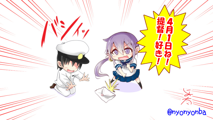 1boy 1girl admiral_(kantai_collection) akebono_(kantai_collection) april_fools bell black_legwear blue_sailor_collar blue_skirt emphasis_lines envelope flower hair_bell hair_flower hair_ornament hat jingle_bell kantai_collection kneehighs long_hair military military_uniform naval_uniform nyonyonba_tarou peaked_cap pleated_skirt purple_eyes purple_hair sailor_collar school_uniform serafuku short_sleeves side_ponytail simple_background skirt uniform very_long_hair white_background white_headwear