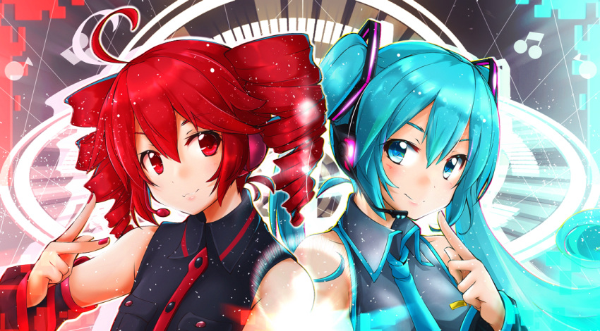 2girls akino_coto aqua_eyes aqua_hair bangs crossover detached_sleeves drill_hair hatsune_miku headset kasane_teto looking_at_viewer multiple_girls necktie red_eyes red_hair short_hair smile twin_drills twintails utau vocaloid