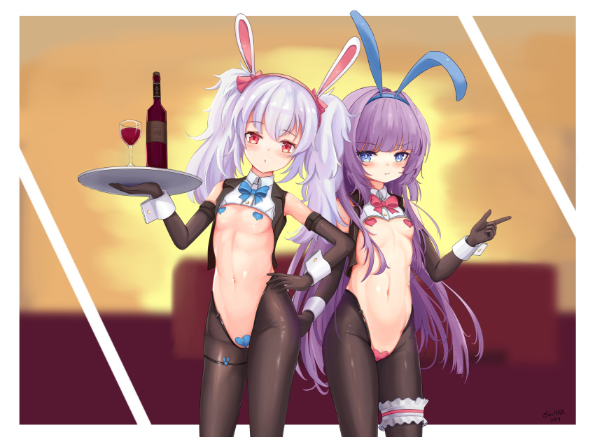 2girls alternate_costume animal_ears azur_lane black_legwear blue_eyes blue_ribbon blush bottle bow bowtie breasts bunny_ears bunny_girl bunnysuit covered_nipples cropped_jacket cup drinking_glass eyebrows_visible_through_hair fake_animal_ears hair_between_eyes hair_ornament hair_ribbon hairband heart_pasties highres holding holding_tray laffey_(azur_lane) long_hair long_sleeves looking_at_viewer meme_attire multiple_girls navel pasties pink_ribbon purple_hair red_eyes revealing_clothes reverse_bunnysuit reverse_outfit ribbon sechka silver_hair small_breasts tashkent_(azur_lane) tray very_long_hair wine_bottle wine_glass