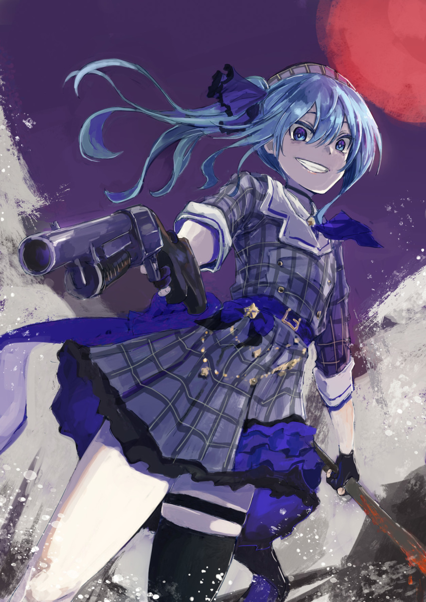 1girl bags_under_eyes black_gloves black_legwear blood bloody_weapon blue_eyes blue_hair breasts choker commentary_request cowboy_shot crazy_eyes crazy_smile dress fingerless_gloves gloves grin gun hair_between_eyes hair_ribbon highres hololive hoshimachi_suisei looking_at_viewer machete medium_hair moon night night_sky outdoors plaid plaid_dress plaid_hat red_moon ribbon sawed-off_shotgun short_dress shotgun side_ponytail single_thighhigh sky small_breasts smile solo standing suisei_channel teeth thigh_strap thighhighs thighs virtual_youtuber weapon wing_collar yohane