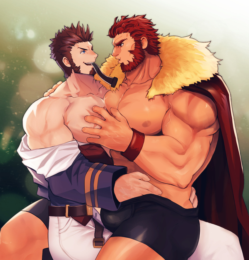 2boys abs bara beard belt blue_eyes blush brown_hair bulge cape chest commissioner_upload couple epaulettes facial_hair fate/grand_order fate_(series) grabbing hand_under_clothes highres leather legs_together long_sleeves looking_at_another male_focus multiple_boys muscle napoleon_bonaparte_(fate/grand_order) nipples open_clothes open_mouth pants partially_undressed pectorals red_eyes red_hair rider_(fate/zero) scar shirtless sideburns simple_background sitting sitting_on_lap sitting_on_person smile tora_d underwear undressing_another yaoi