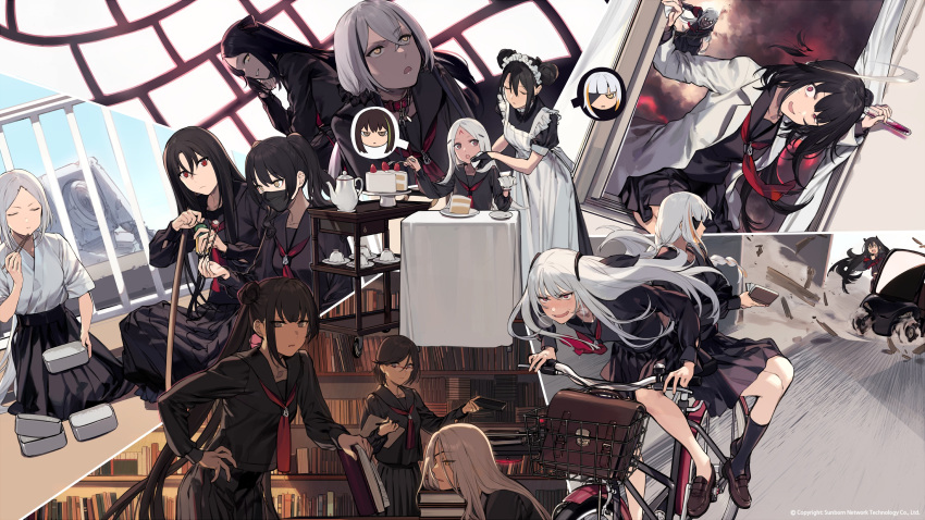 6+girls absurdres agent_(girls_frontline) alchemist_(girls_frontline) april_fools architect_(girls_frontline) bag bangs beak_(girls_frontline) bicycle black_hair black_legwear black_serafuku book bookshelf braid brown_footwear cake chopsticks closed_eyes cup destroyer_(girls_frontline) double_bun dreamer_(girls_frontline) duoyuanjun eating elisa_(girls_frontline) executioner_(girls_frontline) eyepatch facial_mark food forehead_mark gager_(girls_frontline) girls_frontline glasses ground_vehicle hair_between_eyes highres holding holding_chopsticks holding_cup hunter_(girls_frontline) intruder_(girls_frontline) judge_(girls_frontline) kneehighs loafers long_sleeves m16a1_(girls_frontline)_(boss) m4a1_(girls_frontline) mask multiple_girls ouroboros_(girls_frontline) plate red_eyes sangvis_ferri scarecrow scarecrow_(girls_frontline) school_bag school_uniform serafuku shoes sitting standing sword weapon white_hair wooden_sword yellow_eyes