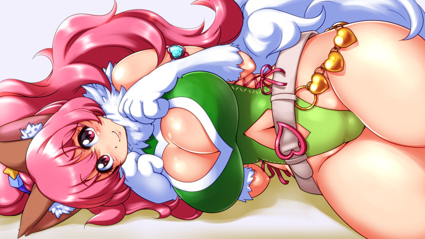 1girl animal_ears blush breasts cat_ears cat_tail cleavage cleavage_cutout closed_mouth gloves highres large_breasts leotard long_hair looking_at_viewer navel open_mouth paws perisie_(star_ocean) pink_hair ponytail red_eyes ryoi simple_background smile solo star_ocean star_ocean_first_departure tail