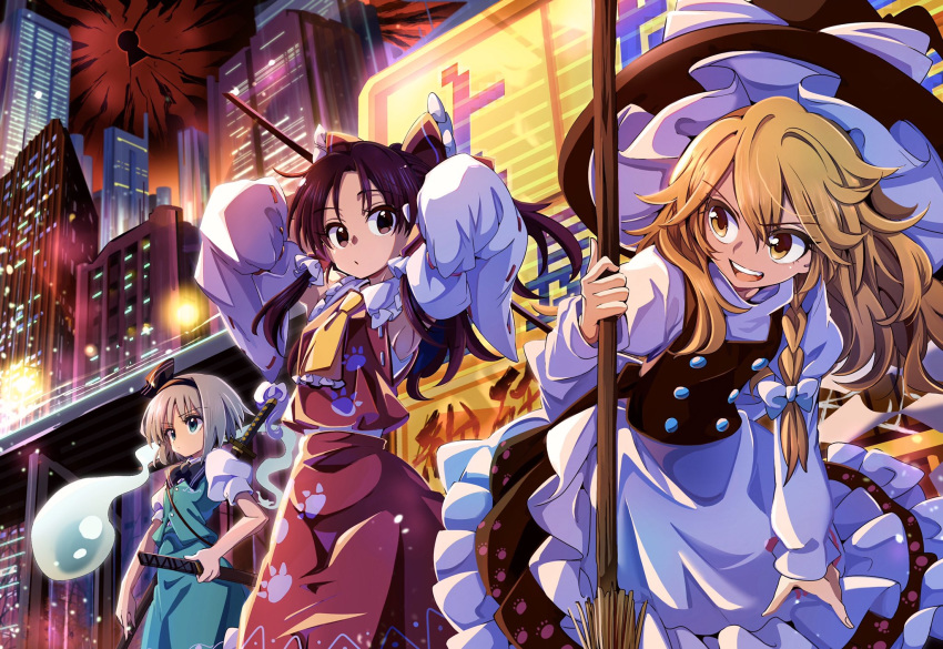 3girls baba_(baba_seimaijo) blonde_hair bow bridge broom brown_eyes brown_hair building city city_lights cityscape commentary_request detached_sleeves gohei hair_between_eyes hair_bow hair_tubes hairband hakurei_reimu hand_on_weapon hat highres keyhole kirisame_marisa konpaku_youmu konpaku_youmu_(ghost) long_sleeves multiple_girls nontraditional_miko short_hair skyscraper touhou white_hair wily_beast_and_weakest_creature witch witch_hat yellow_neckwear