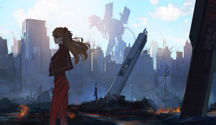 2girls ayanami_rei backlighting black_bodysuit blue_sky bodysuit bodysuit_under_clothes city closed_mouth cloud commentary day english_commentary evangelion:_3.0_you_can_(not)_redo eyepatch fire from_side hands_in_pockets highres jacket long_hair long_sleeves mecha multiple_girls neon_genesis_evangelion outdoors plugsuit qosic rebuild_of_evangelion red_bodysuit red_jacket ruins shikinami_asuka_langley silver_hair sky souryuu_asuka_langley sunlight telephone_pole twintails