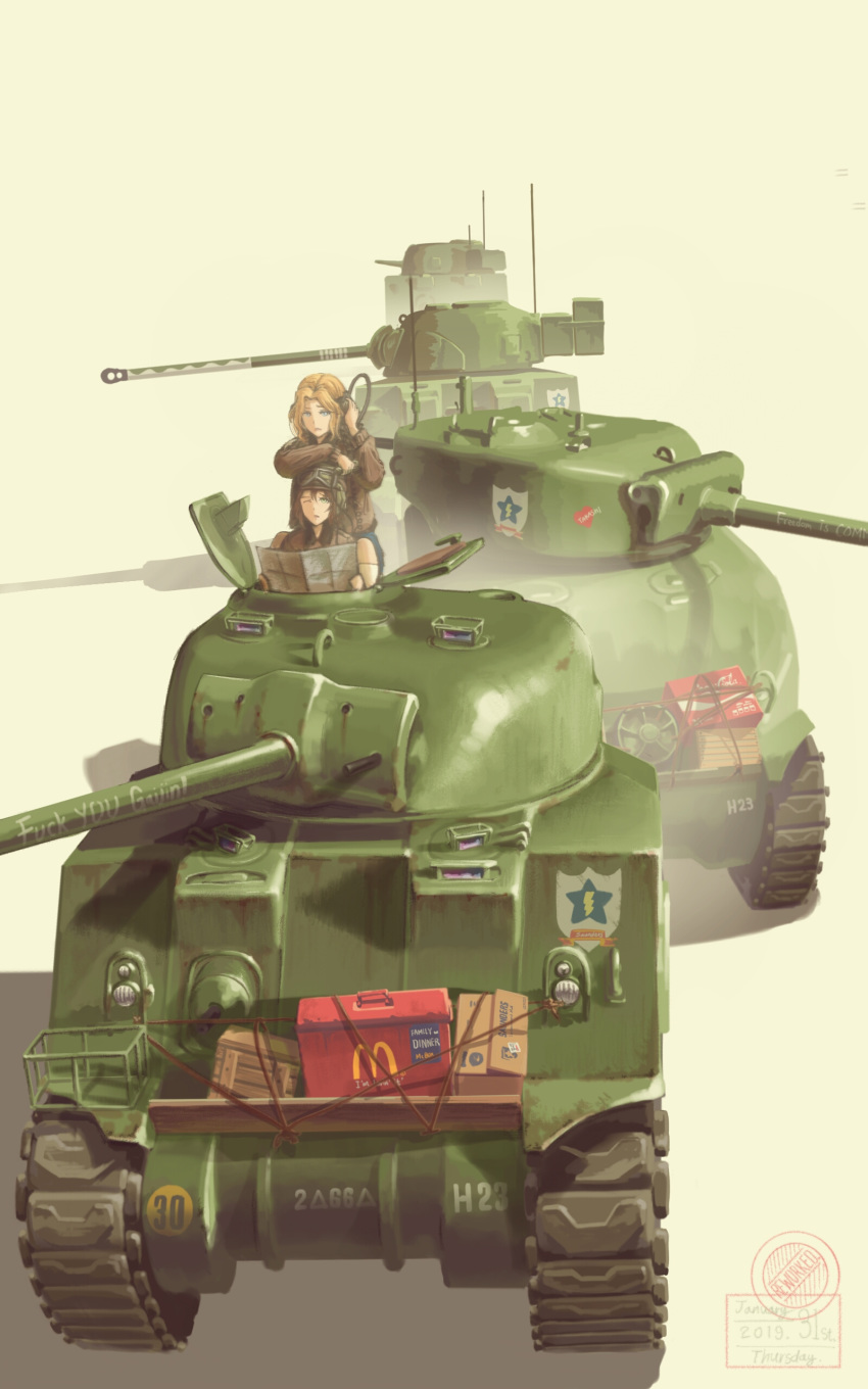 2girls absurdres arm_on_head beige_background black_headwear blonde_hair box brown_jacket coca-cola commentary dated emblem english_commentary english_text extra fading girls_und_panzer goggles goggles_on_headwear ground_vehicle heart highres holding holding_map jacket kay_(girls_und_panzer) logo long_sleeves m4_sherman mcdonald's military military_vehicle motor_vehicle multiple_girls one_eye_closed open_mouth profanity radio saunders_(emblem) saunders_military_uniform sherman_firefly sitting tank tank_helmet useless