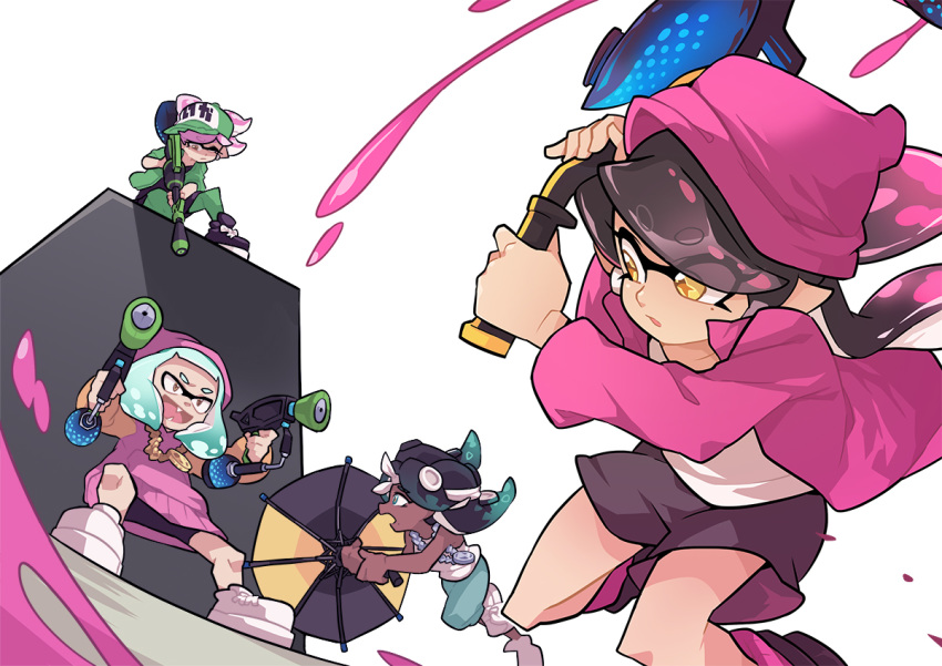 +_+ 4girls aiming alternate_hair_color aori_(splatoon) aqua_hair bangs baseball_cap beanie bike_shorts black_dress black_footwear black_hair black_shorts blunt_bangs brown_eyes chain closed_mouth commentary cousins cross-laced_footwear dark_skin domino_mask dress dual_wielding dutch_angle earrings english_commentary eyebrows_visible_through_hair eyes_visible_through_hair fangs frown gradient_hair green_headwear green_jacket green_legwear green_pants hat headband hero_brella_(splatoon) hero_charger_(splatoon) hero_dualies_(splatoon) hero_roller_(splatoon) hime_(splatoon) holding hotaru_(splatoon) iida_(splatoon) jacket jewelry long_hair long_sleeves looking_at_another looking_back mask mole mole_under_eye multicolored_hair multiple_girls octarian one_eye_closed paint_splatter pants pantyhose pendant pointy_ears purple_dress purple_headwear purple_jacket purple_legwear running shirt shoes short_dress short_sleeves shorts sitting sneakers socks splatoon_(series) splatoon_2 splatoon_2:_octo_expansion squidbeak_splatoon standing suction_cups sweater sweater_dress tank_top tentacle_hair white_background white_footwear white_headband white_shirt wong_ying_chee