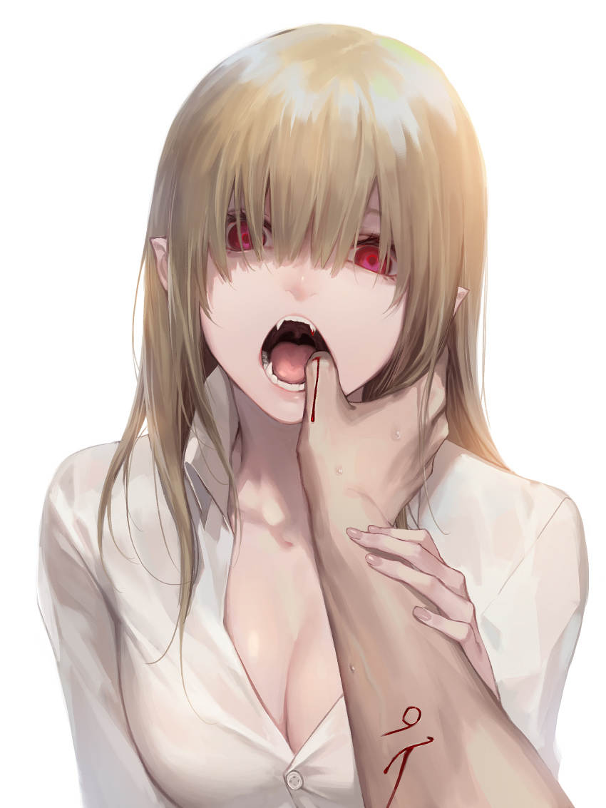 1girl absurdres arm_holding bangs bite_mark blood blood_drip blunt_bangs breasts brown_hair buttons cleavage collared_shirt commentary_request cuts empty_eyes eyelashes face fangs finger_in_another's_mouth fingernails hair_over_eyes hand_on_another's_arm hands highres injury long_hair looking_at_viewer luen_kulo medium_breasts number open_mouth original pointy_ears pov pov_hands red_eyes shirt simple_background solo_focus sweat tongue uvula vampire veins white_background white_shirt