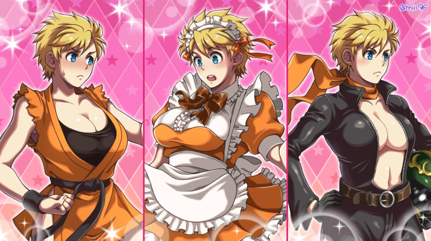 1girl alternate_costume april_fools belt black_belt blonde_hair blue_eyes breasts cleavage dougi enmaided genderswap genderswap_(mtf) helmet highres maid miru_(mill_36) multiple_views ryou_sakazaki ryuuko_no_ken scarf short_hair sparkle star the_king_of_fighters translation_request twitter_username undershirt