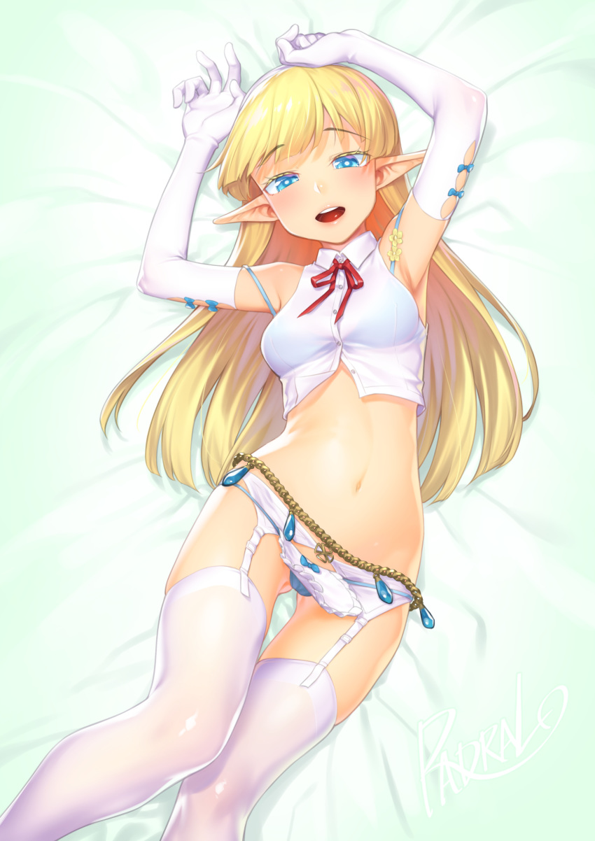 1girl :d armpits arms_up bare_shoulders bikini blonde_hair blue_bikini blue_eyes borrowed_character breasts collared_shirt commentary_request crop_top elbow_gloves elf elf_no_radral garter_belt gloves h_kasei highres long_hair looking_at_viewer medium_breasts midriff navel neck_ribbon no_pants open_mouth original pointy_ears ribbon see-through shirt sleeveless sleeveless_shirt smile solo stomach string_bikini swimsuit thighhighs white_gloves white_legwear white_shirt