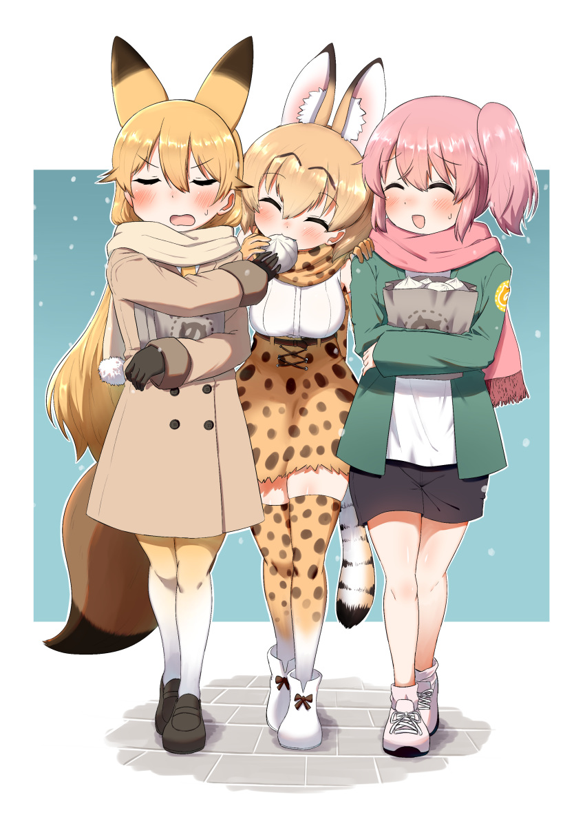 3girls :d ^_^ absurdres animal_ears bag bangs baozi black_footwear black_gloves black_shorts blonde_hair blush brown_coat brown_scarf closed_eyes coat commentary cross-laced_footwear eating elbow_gloves eyebrows_visible_through_hair ezo_red_fox_(kemono_friends) facing_another facing_viewer feeding food fox_ears fox_tail fringe_trim frown gloves green_jacket grocery_bag hand_on_another's_shoulder high-waist_skirt highres holding holding_bag jacket japari_symbol kemono_friends loafers long_hair miniskirt mouth_hold multiple_girls nana_(kemono_friends) ngetyan open_mouth outline outside_border pink_hair pink_scarf print_gloves print_scarf print_skirt scarf serval_(kemono_friends) serval_ears serval_print serval_tail shirt shoes shopping_bag short_hair shorts side_ponytail skirt sleeveless smile snow standing stone_floor sweatdrop tail thighhighs white_footwear white_outline white_shirt winter_clothes yellow_legwear yellow_scarf yellow_skirt