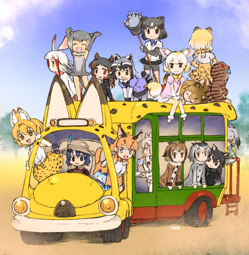 6+girls :3 alpaca_ears alpaca_girl alpaca_suri_(kemono_friends) animal_ears bangs bare_legs bear_ears bear_paw_hammer bird_wings black_hair black_neckwear black_skirt blonde_hair blue_eyes blue_hair blue_neckwear blue_sweater bow bowtie brown_bear_(kemono_friends) brown_hair caracal_(kemono_friends) caracal_ears caracal_girl caracal_tail closed_eyes coat collared_shirt commentary_request common_raccoon_(kemono_friends) crossed_arms driving elbow_gloves eurasian_eagle_owl_(kemono_friends) everyone eyebrows_visible_through_hair facing_away fennec_(kemono_friends) fox_ears fox_girl fox_tail frilled_swimsuit frills fur_collar fur_trim gloves green_eyes grey_hair grey_legwear hair_bun hair_over_one_eye hair_tie hair_tubes hands_on_hips hands_on_lap hat_feather head_wings helmet high-waist_skirt highres himewachi hippopotamus_(kemono_friends) hippopotamus_ears hood hood_up hoodie jaguar_(kemono_friends) jaguar_ears jaguar_girl jaguar_print jaguar_tail japanese_crested_ibis_(kemono_friends) japari_bus japari_symbol kaban_(kemono_friends) kemono_friends lion_(kemono_friends) lion_ears lion_girl long_hair long_sleeves looking_at_viewer lucky_beast_(kemono_friends) moose_(kemono_friends) moose_ears moose_girl multicolored_hair multiple_girls neck_ribbon northern_white-faced_owl_(kemono_friends) one-piece_swimsuit orange_hair otter_ears otter_girl otter_tail owl_ears pantyhose peeking_out pink_skirt pink_sweater pith_helmet pleated_skirt print_gloves print_neckwear print_skirt puffy_short_sleeves puffy_sleeves raccoon_ears raccoon_girl raccoon_tail red_eyes red_hair red_legwear red_shirt ribbon scarf serval_(kemono_friends) serval_ears serval_girl serval_print serval_tail shirt shoebill_(kemono_friends) short_hair short_sleeves shorts shorts_under_skirt sidelocks sitting skirt sleeping sleeveless small-clawed_otter_(kemono_friends) smile snake_print snake_tail sweater swimsuit t-shirt tail tea thighhighs tsuchinoko_(kemono_friends) wetsuit white_hair white_legwear white_shirt white_skirt wings yellow_eyes yellow_legwear yellow_neckwear