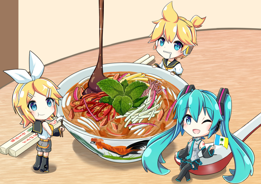 1boy 2girls aqua_eyes aqua_hair aqua_neckwear bangs bare_shoulders bass_clef black_collar black_legwear black_skirt black_sleeves blonde_hair blue_eyes bow bowl chopsticks collar commentary_request crop_top detached_sleeves eating flag food grey_shirt grey_shorts hair_bow hair_ornament hairclip hatsune_miku headphones highres holding holding_chopsticks holding_flag homura_0205 kagamine_len kagamine_rin leaf leg_warmers long_hair miniboy minigirl multiple_girls neckerchief necktie noodles penang_flag sailor_collar saliva school_uniform shirt short_hair short_ponytail short_shorts short_sleeves shorts shoulder_tattoo sitting skirt sleeveless sleeveless_shirt soup sparkle spiked_hair spoon standing swept_bangs table tattoo thighhighs twintails very_long_hair vocaloid white_bow white_shirt yellow_neckwear zettai_ryouiki