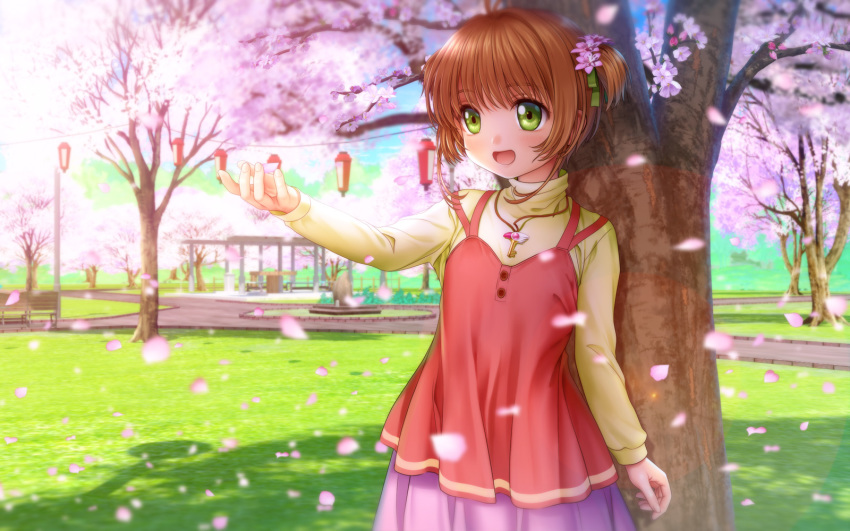 1girl bench brown_hair cardcaptor_sakura cherry_blossoms cloud day green_eyes highres kinomoto_sakura lamppost mutsuki_(moonknives) open_mouth outdoors park park_bench petals short_hair sky solo spring_(season) tree