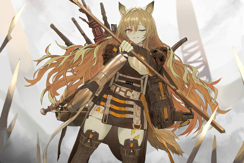 1girl animal_ears arknights belt black_coat black_dress blonde_hair boots brown_footwear brown_legwear ceobe_(arknights) closed_mouth coat cross-laced_footwear day dog_ears dog_tail dress floating_hair grey_sky koio long_hair long_sleeves looking_at_viewer multiple_weapons one_eye_closed ore_lesion_(arknights) outdoors red_eyes science_fiction short_dress solo staff sword tactical_clothes tail thigh_boots thighhighs thighs weapon weapon_on_back