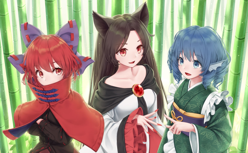 3girls :d animal_ears bamboo bamboo_forest bangs black_hair black_shirt blue_eyes blue_hair bow breasts brooch capelet collarbone commentary_request crossed_arms dress drill_hair eyebrows_visible_through_hair forest frilled_sleeves frills grass_root_youkai_network green_kimono hair_bow head_fins high_collar highres imaizumi_kagerou japanese_clothes jewelry kimono long_hair long_sleeves looking_at_viewer medium_breasts multiple_girls nail_polish nature obi open_mouth purple_bow purple_sash red_capelet red_eyes red_hair red_nails ribbon-trimmed_bow ribbon_trim sash sekibanki shirt short_hair small_breasts smile torinari_(dtvisu) touhou touhou_cannonball upper_body wakasagihime white_dress wide_sleeves wolf_ears