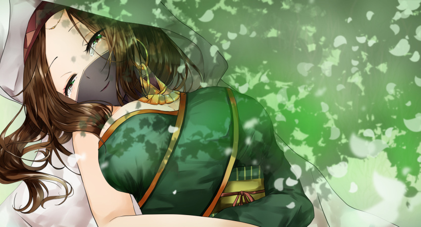1girl ameshiki arabian_clothes bare_shoulders breasts brown_hair cleavage closed_eyes crying detached_collar dress fate/grand_order fate_(series) green_dress green_eyes highres hoop hula_hoop long_hair looking_at_viewer lying mouth_veil on_back siduri_(fate/grand_order) smile tears veil white_hood
