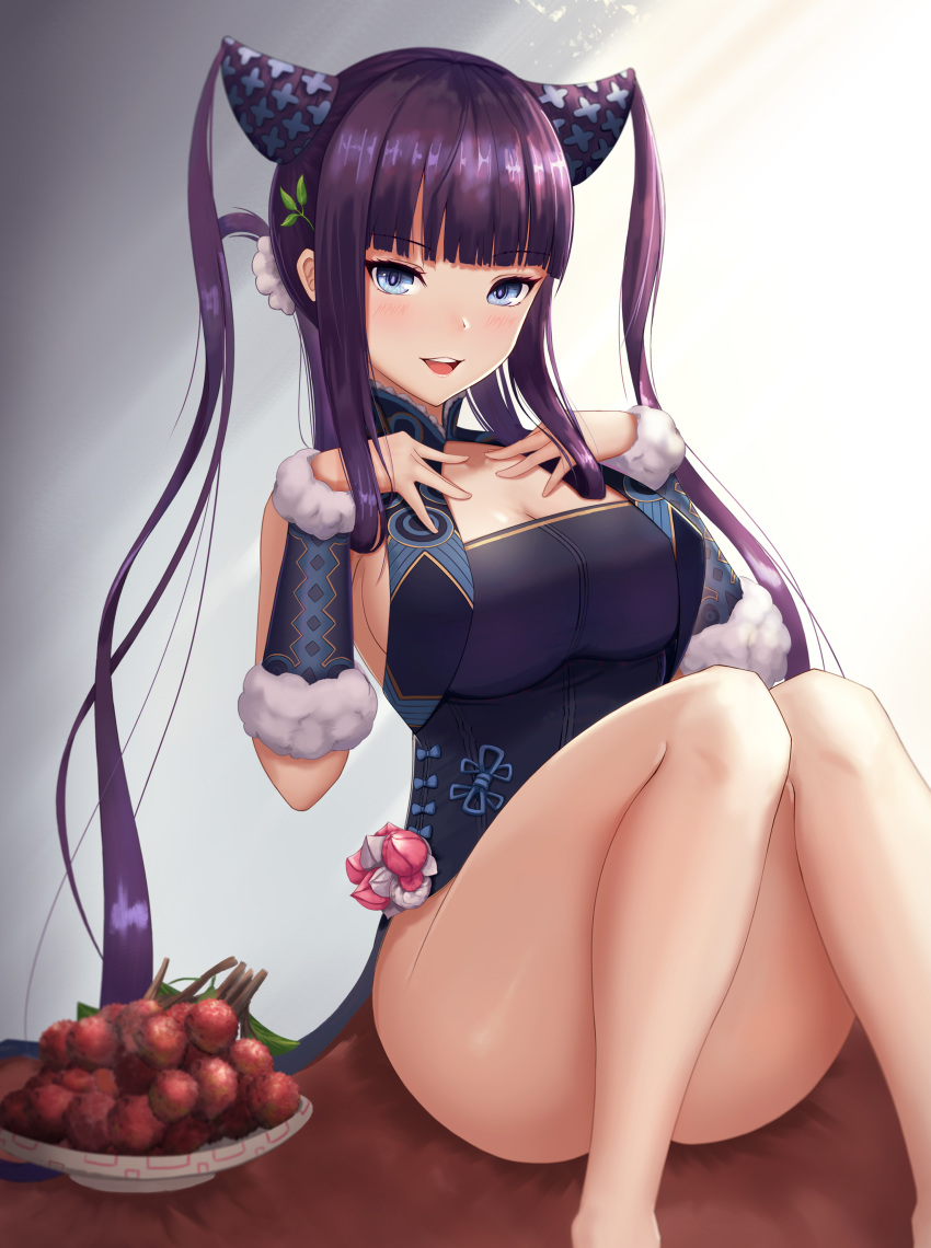 1girl abeen_jhong absurdres bangs bare_shoulders black_dress blue_eyes blunt_bangs blush breasts china_dress chinese_clothes cleavage detached_sleeves dress fate/grand_order fate_(series) gradient gradient_background hair_ornament hands_on_own_chest highres knees_up large_breasts leaf_hair_ornament long_hair looking_at_viewer lychee open_mouth plate purple_hair side_slit sidelocks sitting smile solo thighs twintails very_long_hair yang_guifei_(fate/grand_order)