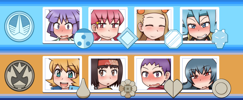 1boy 6+girls :d :o akane_(pokemon) anzu_(pokemon) aqua_eyes badge bangs blue_eyes blue_hair blush brown_eyes brown_hair clenched_teeth closed_eyes ears erika_(pokemon) eyebrows_visible_through_hair eyelashes gym_leader gym_leader_badge hair_ornament hairclip headband heart heart_in_eye ibuki_(pokemon) jacket kasumi_(pokemon) looking_at_viewer mikan_(pokemon) multiple_girls natsume_(pokemon) open_mouth orange_hair pink_eyes pokemon pokemon_(game) pokemon_hgss portrait purple_eyes purple_hair raised_eyebrows red_eyes red_headband short_hair smile symbol_in_eye teeth tongue tsukushi_(pokemon) upper_teeth yagen_sasami