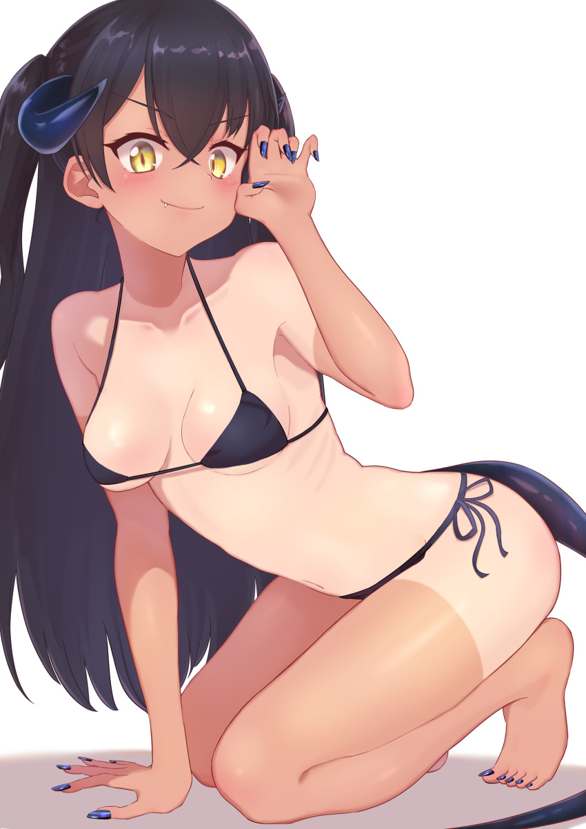 &gt;:) 1girl absurdres all_fours bare_arms bare_shoulders barefoot bikini black_bikini black_hair blue_nails blush breasts claw_pose cleavage closed_mouth collarbone demon_girl demon_horns demon_tail fang fang_out fingernails full_body highres horns karu_(ricardo_2628) long_fingernails long_hair long_toenails navel one-piece_tan original sharp_fingernails sharp_toenails side-tie_bikini simple_background slit_pupils small_breasts smile solo straight_hair swimsuit tail tan tanline toenail_polish toenails two_side_up very_long_hair white_background yellow_eyes