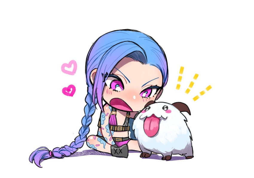1girl arm_tattoo belt belt_buckle black_eyes black_footwear blue_hair blush blush_stickers braid buckle gradient gradient_hair heart jinx_(league_of_legends) league_of_legends leg_tattoo long_hair looking_at_another multicolored_hair nose_blush open_mouth petting poro_(league_of_legends) purple_eyes purple_hair simple_background sitting standing tattoo tongue tongue_out twintails white_background wosashimi