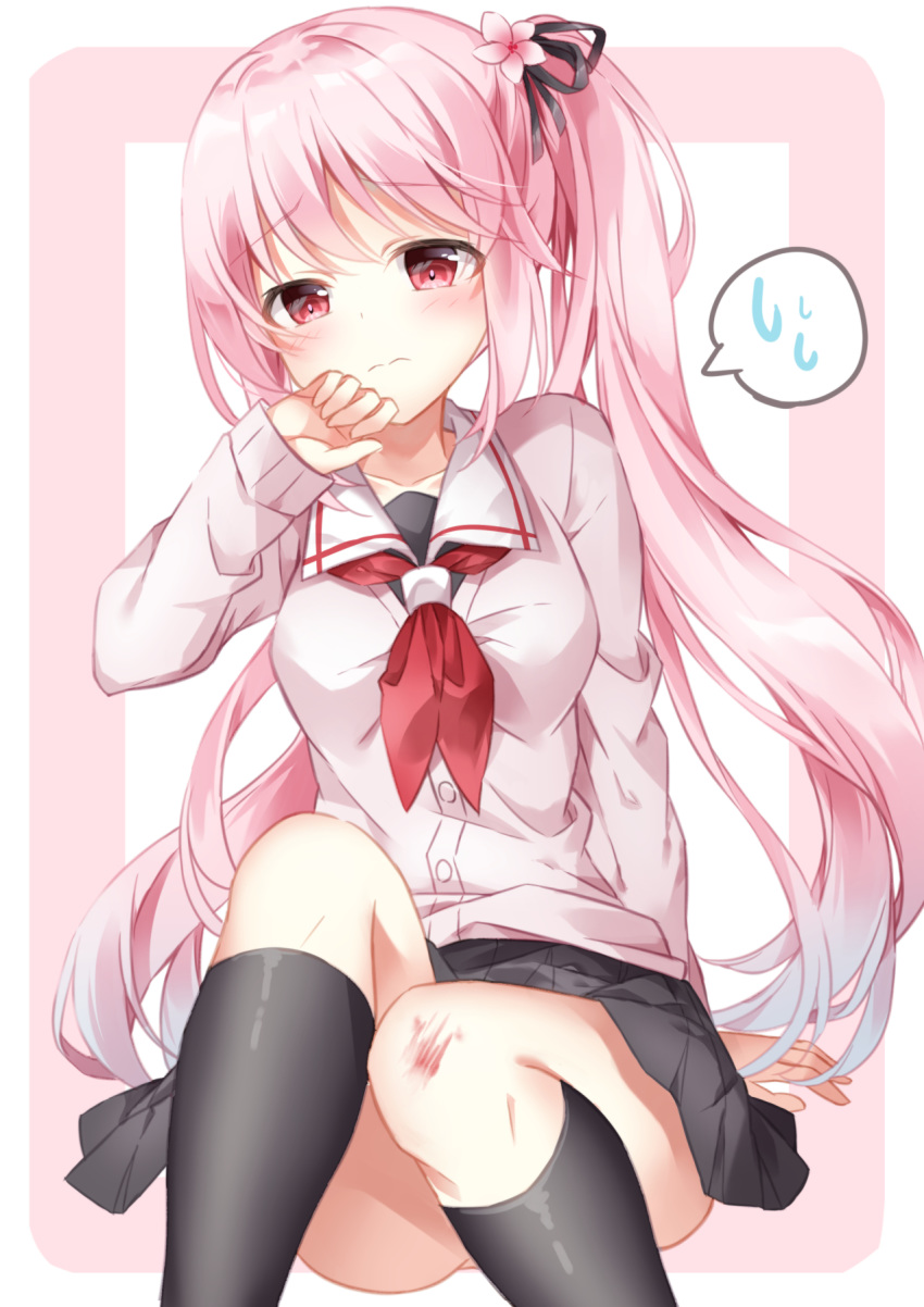 1girl bangs black_legwear black_skirt blush breasts closed_mouth eyebrows_visible_through_hair hair_ribbon harusame_(kantai_collection) highres kantai_collection kneehighs long_hair long_sleeves medium_breasts pink_hair red_eyes red_neckwear ribbon sailor_collar scrape scraped_knee simple_background skirt solo spoken_sweatdrop sugisaki_yuu sweat sweatdrop