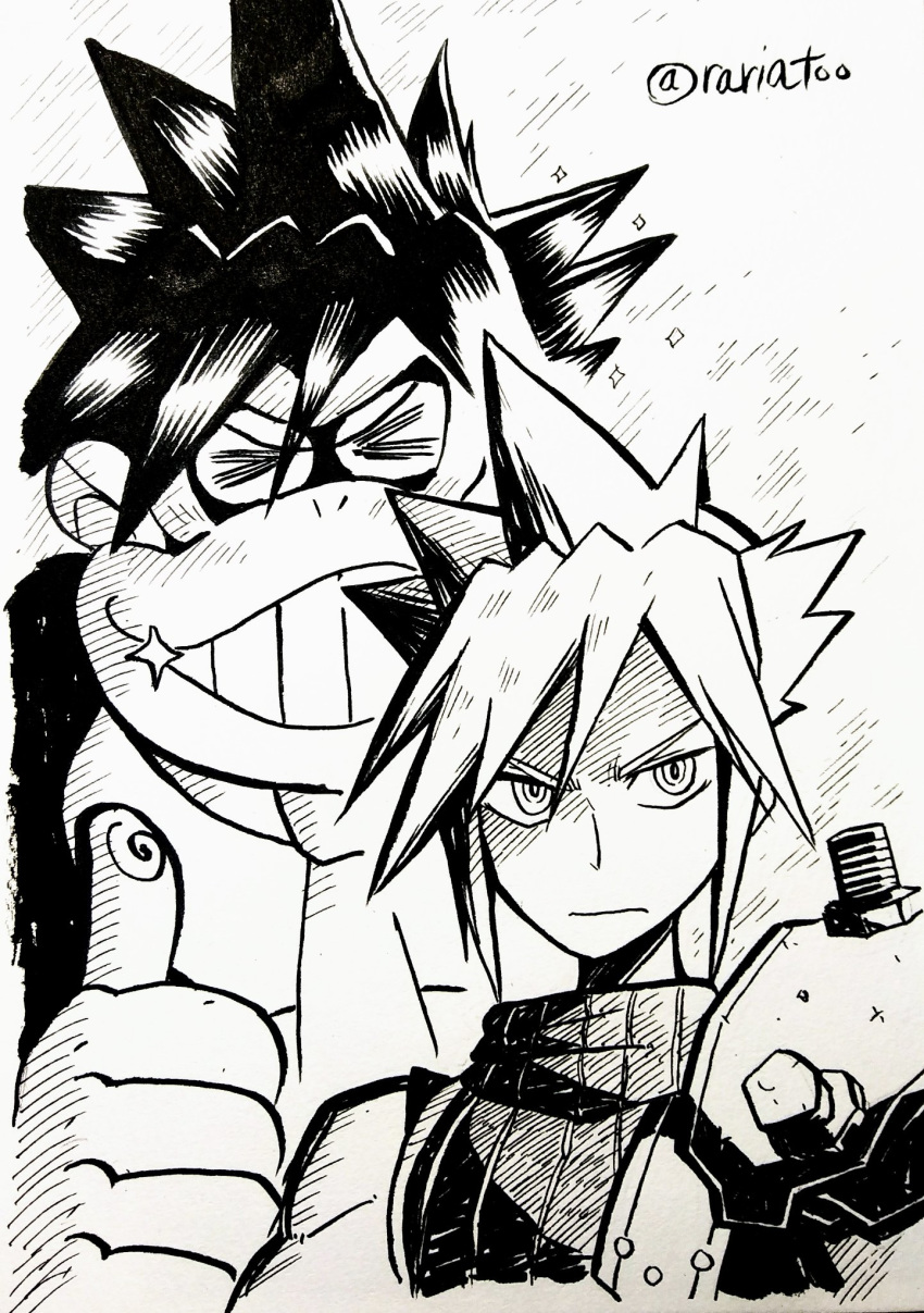 &gt;_&lt; 2boys closed_mouth cloud_strife donkey_kong donkey_kong_country final_fantasy final_fantasy_vii glint gorilla greyscale grin highres looking_at_viewer monochrome multiple_boys pointy_hair rariatto_(ganguri) smile thumbs_up twitter_username