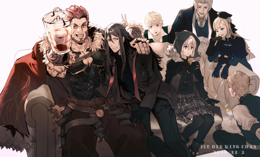 2girls 5boys absurdres beard black_hair blonde_hair blood blood_in_mouth bunny_ears_prank couch everyone facial_hair fate_(series) flat_eskardos food formal gray_(lord_el-melloi_ii) grey_hair highres looking_at_viewer lord_el-melloi_ii lord_el-melloi_ii_case_files melvin_weins multiple_boys multiple_girls muted_color red_hair reines_el-melloi_archisorte rider_(fate/zero) sandwich sepia sitting suit svin_glascheit v waver_velvet yunhongming