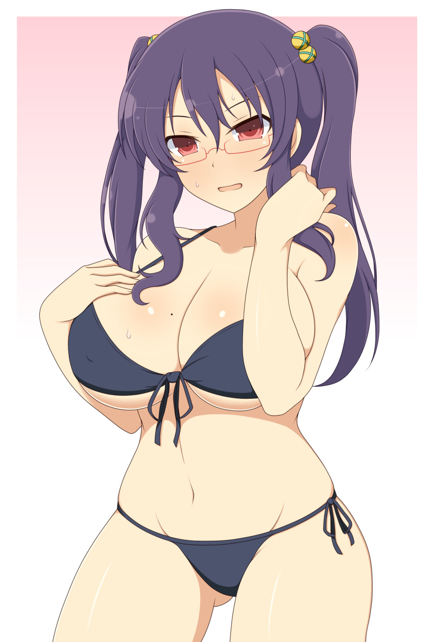 1girl :o alternate_hairstyle bikini breasts embarrassed front-tie_bikini front-tie_top glasses highres ichiryuu_tsumiki large_breasts navy_blue_bikini purple_hair red_eyes senran_kagura side-tie_bikini sidelocks suzune_(senran_kagura) swimsuit twintails underboob