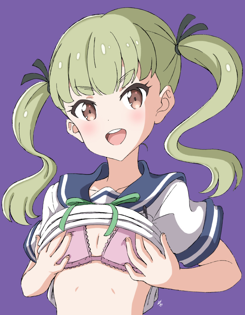 1girl blush bra breasts brown_eyes collarbone eyebrows_visible_through_hair green_hair hair_ornament hair_ribbon highres ibe_sayuri koisuru_asteroid looking_at_viewer medium_hair open_mouth pink_bra purple_background ribbon school_uniform serafuku shiny shiny_hair simple_background small_breasts smile solo teeth twintails underwear upper_body upper_teeth vzmk2