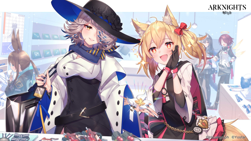5girls absurdres amiya_(arknights) animal_ear_fluff animal_ears arknights bangs black_gloves black_hair black_jacket black_legwear blonde_hair blush bow breasts brown_hair bunny_ears calendar_(object) chain closed_eyes commentary_request company_name copyright_name cross cross_necklace exusiai_(arknights) eyebrows_visible_through_hair fang gloves grey_hair hair_between_eyes hair_bow hair_ornament hair_over_one_eye halo hands_up hanging_light hat highres id_card jacket jewelry multiple_girls necklace official_art open_mouth orange_eyes orchid_(arknights) pantyhose ponytail red_hair scarf shelf short_hair smile sora_(arknights) sparkle sparkling_eyes standing texas_(arknights) toshi_gahara wide_sleeves yellow_eyes