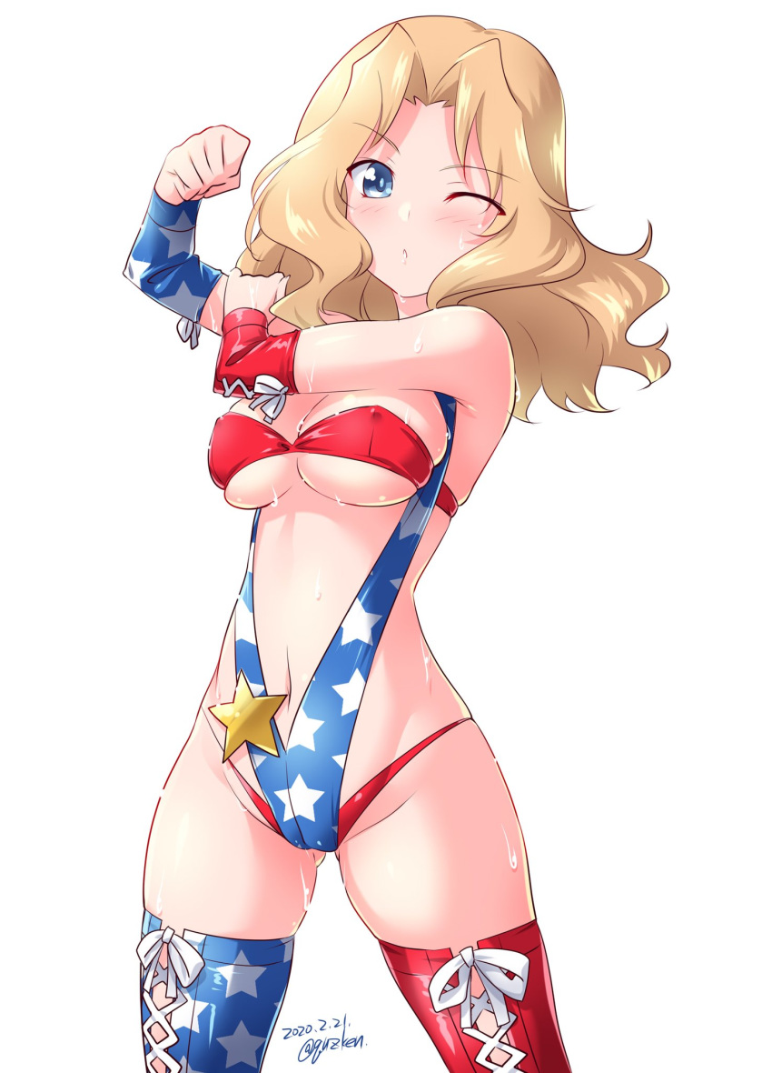 1girl american_flag_swimsuit arm_up blonde_hair blue_eyes boots breasts commentary cross-laced_footwear dated eyebrows_visible_through_hair girls_und_panzer groin hair_intakes highres kay_(girls_und_panzer) kuzuryuu_kennosuke lace-up_boots long_hair looking_at_viewer medium_breasts mismatched_footwear multicolored multicolored_clothes multicolored_footwear multicolored_swimsuit navel one_eye_closed simple_background skindentation slingshot_swimsuit solo standing star star_print stretch sweat swimsuit thigh_boots thighhighs twitter_username underboob white_background