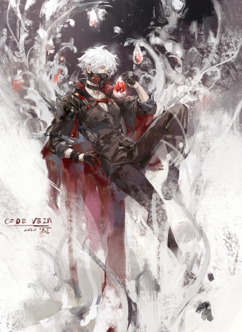 1boy absurdres black_choker black_gloves cape choker code_vein collarbone dated gas_mask gloves green_eyes hair_between_eyes half_gloves heterochromia highres holding loladestiny male_focus protagonist_(code_vein) red_cape red_eyes sketch sleeves_rolled_up solo tree white_hair