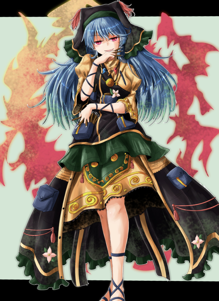 1girl :d absurdres arm_ribbon bangs blue_hair commentary_request dress embellished_costume eyebrows_visible_through_hair flower frilled_skirt frills green_background hand_up haniyasushin_keiki head_scarf highres jewelry juliet_sleeves leg_ribbon letterboxed long_hair long_sleeves looking_at_viewer magatama magatama_necklace necklace open_mouth oshiaki outside_border pouch puffy_sleeves red_eyes ribbon showgirl_skirt skirt smile solo standing tassel touhou yellow_dress