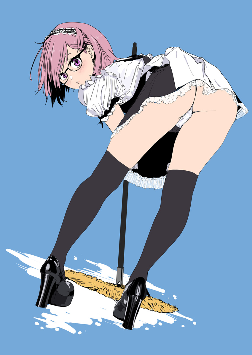 1girl alternate_costume ass black-framed_eyewear black_dress black_footwear black_legwear blush closed_mouth dress dutch_angle enmaided fate/grand_order fate_(series) frilled_sleeves frills full_body full_moon glasses hairband hami_dmg high_heels highres looking_at_viewer looking_back maid mash_kyrielight moon mop panties pantyshot pantyshot_(standing) pink_hair purple_eyes shoes short_hair short_sleeves solo standing thighhighs two-tone_hairband underwear upskirt white_panties