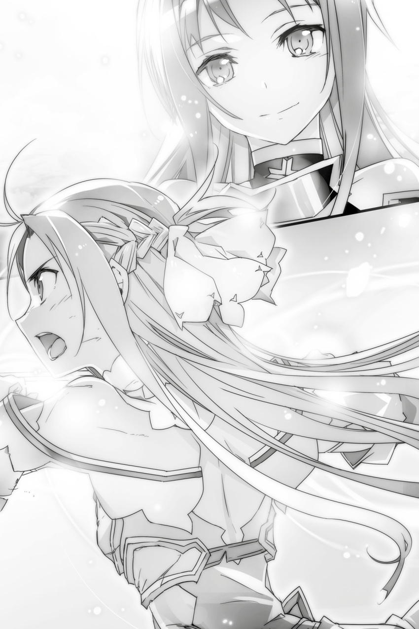 2girls abec asuna_(sao) braid closed_mouth floating_hair greyscale hair_rollers highres long_hair looking_at_viewer monochrome multiple_girls novel_illustration official_art open_mouth profile shoulder_blades smile sword_art_online upper_body very_long_hair yuuki_(sao)