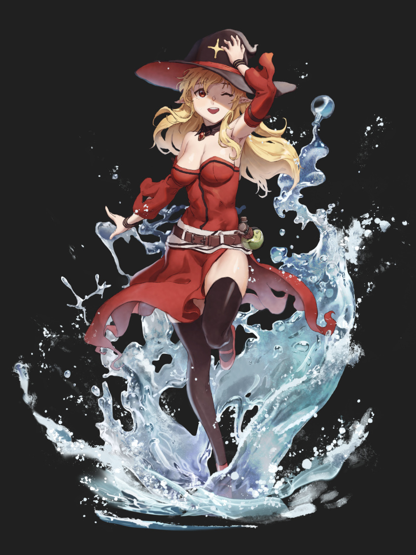 1girl ;d absurdres arm_up armpits bare_shoulders belt belt_buckle black_background black_headwear black_legwear blonde_hair breasts buckle check_character cleavage detached_collar detached_sleeves dress dungeon_and_fighter elf full_body hand_on_headwear hat highres leg_up long_hair long_sleeves looking_at_viewer mage_(dungeon_and_fighter) mary_janes medium_breasts one_eye_closed open_mouth oz_(gerbera7) pelvic_curtain pointy_ears red_dress red_eyes red_footwear round-bottom_flask shoes simple_background smile solo splashing standing standing_on_one_leg strapless strapless_dress thighhighs very_long_hair water witch_hat wristband