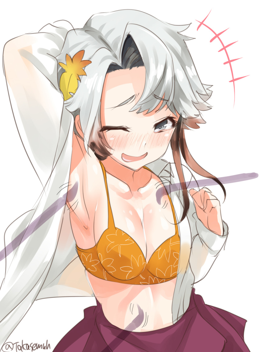 1girl akishimo_(kantai_collection) arm_behind_head armpits asymmetrical_hair blush bra collarbone eyebrows_visible_through_hair hair_ornament highres kantai_collection leaf leaf_hair_ornament leaf_print long_hair maple_leaf motion_lines one_eye_closed open_clothes open_mouth open_shirt orange_bra purple_skirt shirt silver_eyes silver_hair simple_background skirt solo takase_muu tickling twitter_username underwear white_background white_shirt