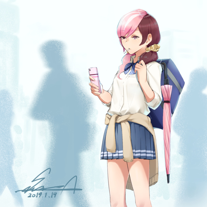 1girl 2019 alternate_costume bag blue_skirt bow bowtie brown_eyes brown_hair candy cellphone clothes_around_waist dated food heterochromia highres lollipop multicolored_hair neo_politan phone pink_eyes pink_hair pink_umbrella rwby sawasa school_uniform scrunchie shoulder_bag skirt smartphone sweater_around_waist tan_sweater umbrella yellow_scrunchie